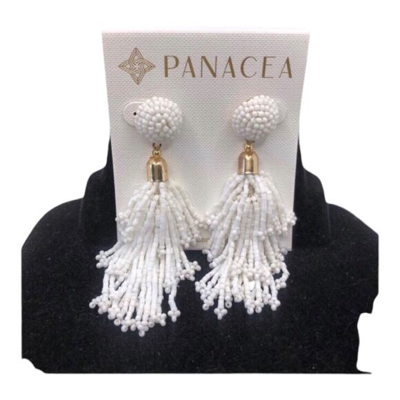 Panacea NIP White Iridescent Glass Beads And Silk Threads Tassel Earrings - Picture 3 of 12